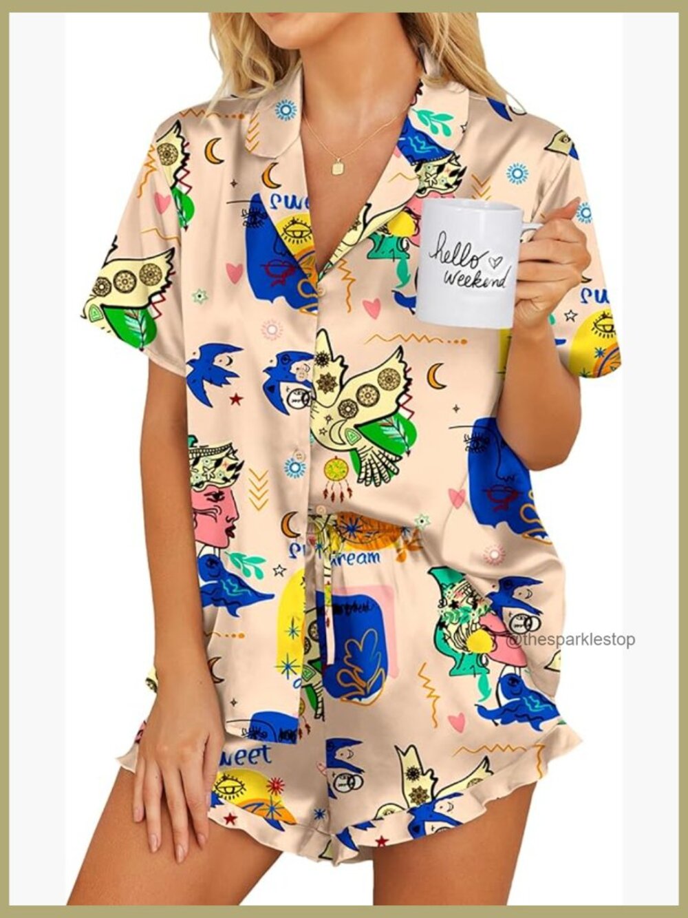 Satin Pajamas Set Button Down 2 Piece Silk Pjs Shorts Set Ruffle Lingerie